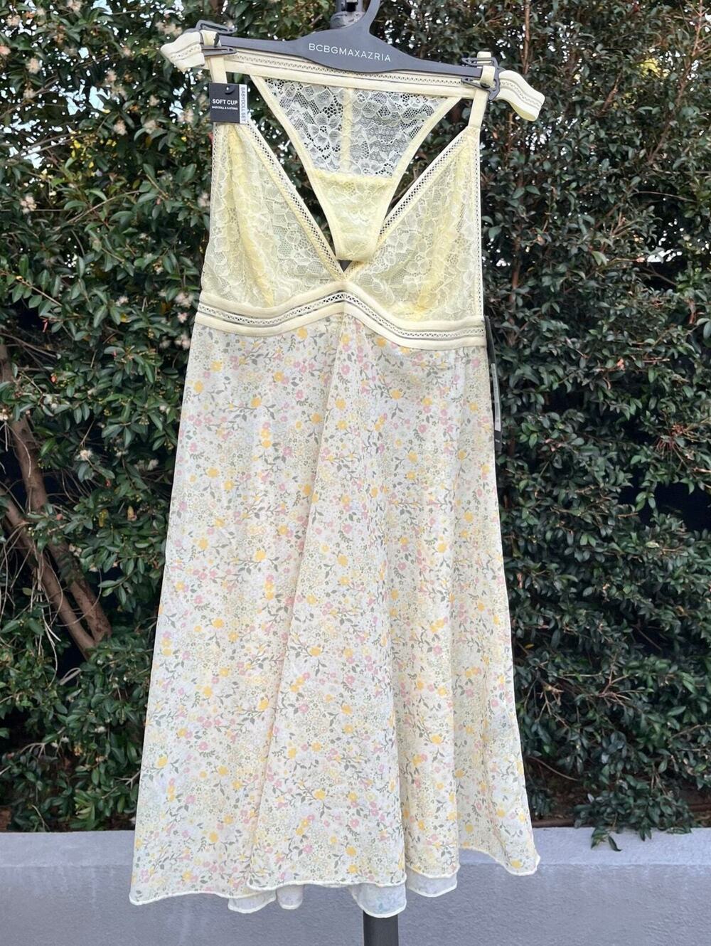 New with Tags BCBGMaxazria Yellow Floral Anise Flower Babydoll Set Fairy Thong
